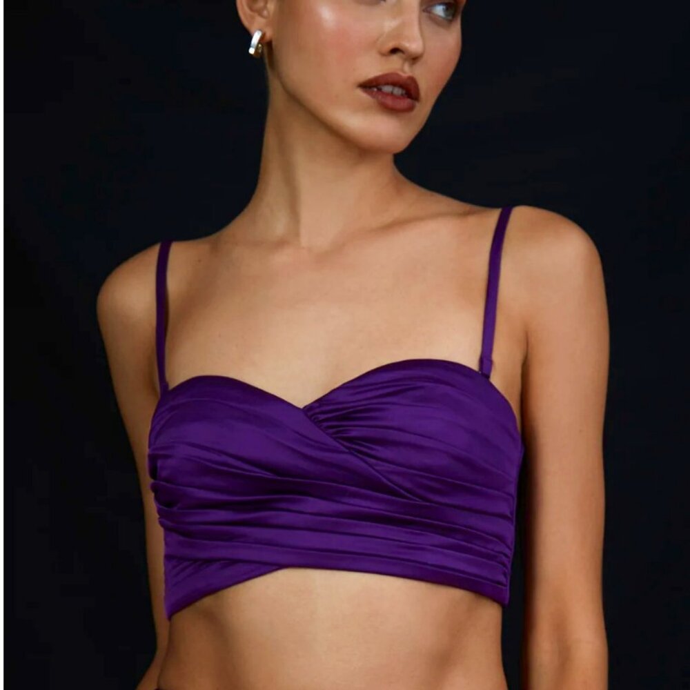 NWT BCBG Shirred Sweetheart Purple Satin Crop Top - Size 2